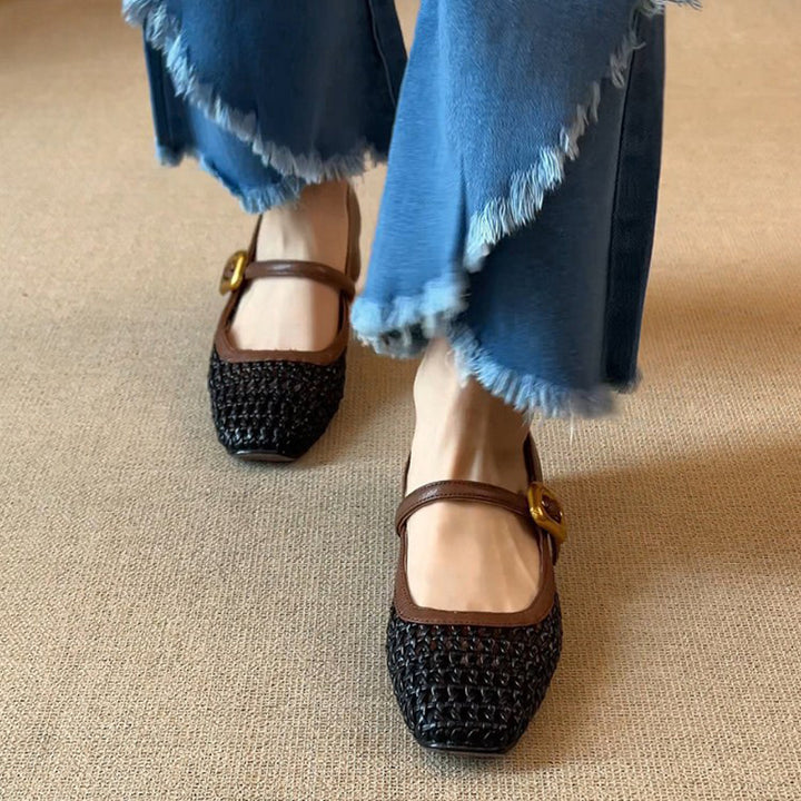 black Women's vintage woven hollow out mary jane shoes