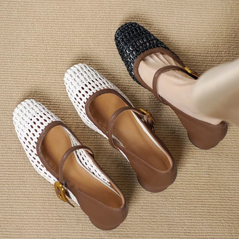 black Women's vintage woven hollow out mary jane shoes