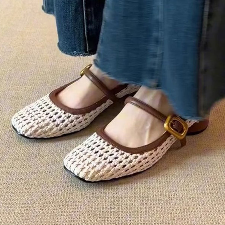 beige Women's vintage woven hollow out mary jane shoes
