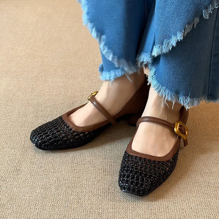 black Women's vintage woven hollow out mary jane shoes