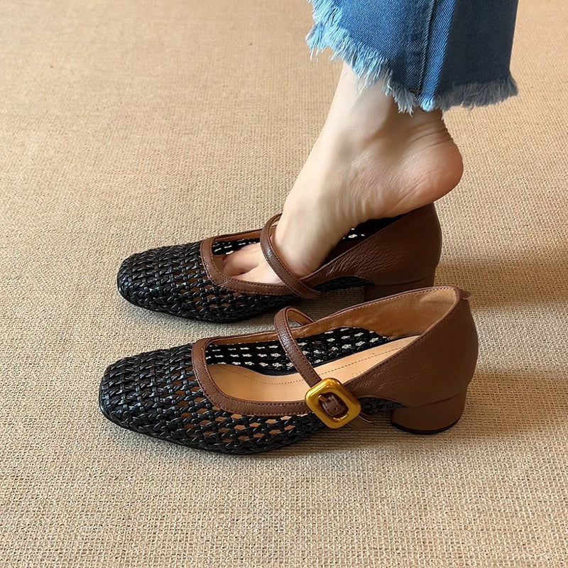 black Women's vintage woven hollow out mary jane shoes