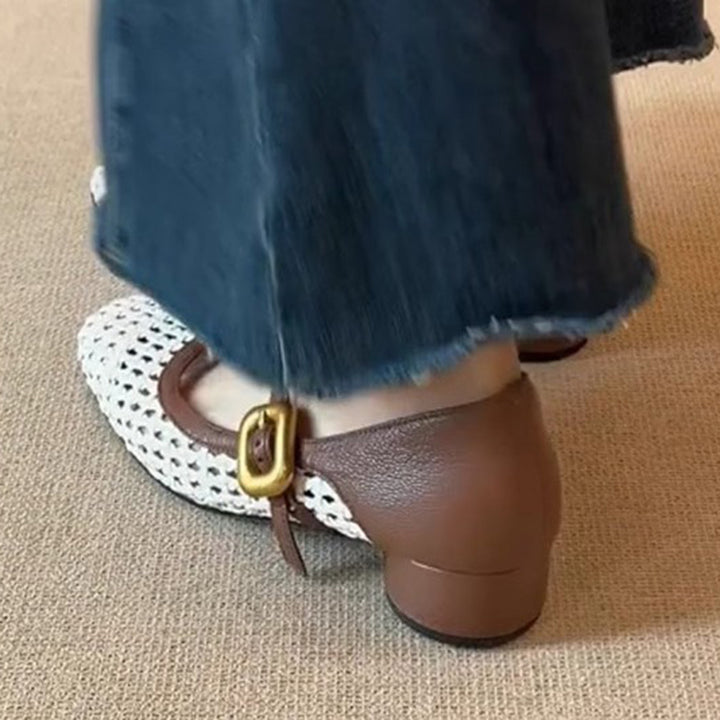 beige Women's vintage woven hollow out mary jane shoes