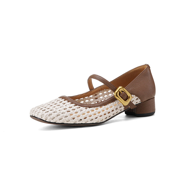 beige Women's vintage woven hollow out mary jane shoes