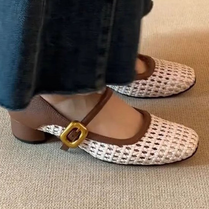 beige Women's vintage woven hollow out mary jane shoes