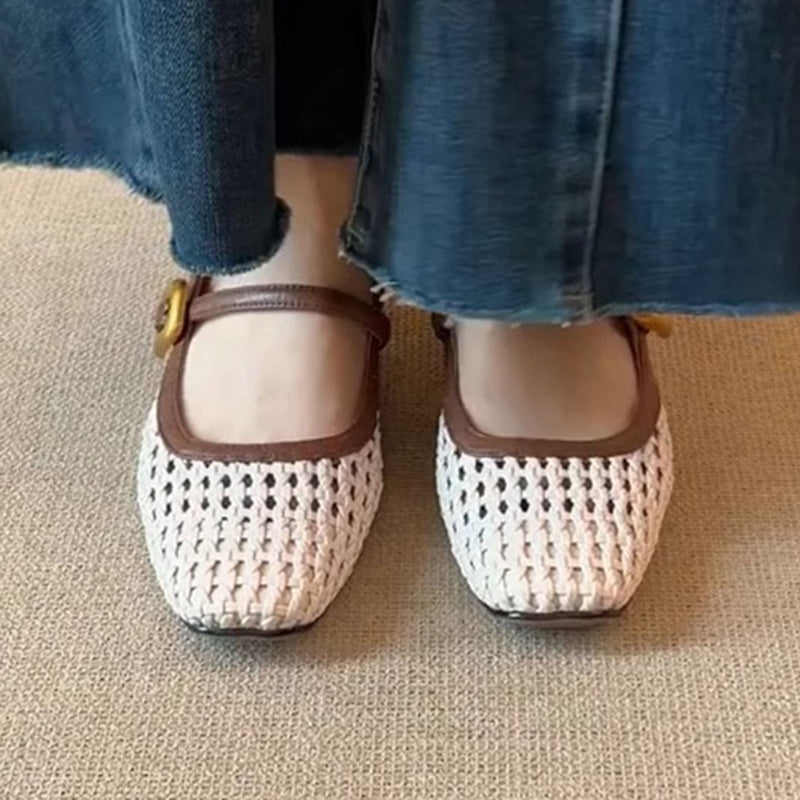 beige Women's vintage woven hollow out mary jane shoes