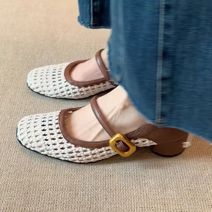 beige Women's vintage woven hollow out mary jane shoes