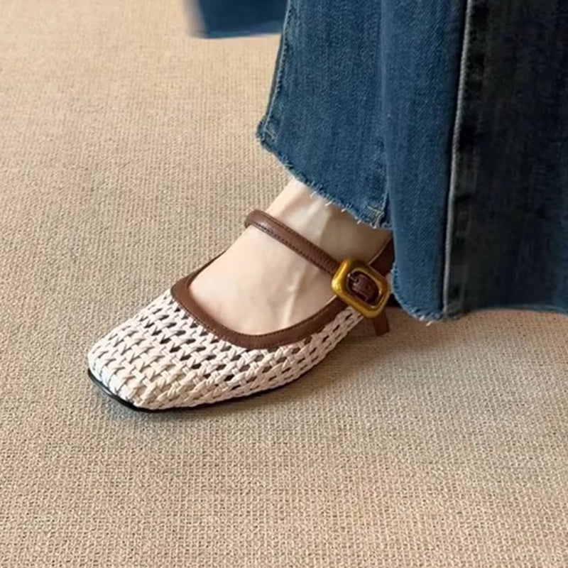 beige Women's vintage woven hollow out mary jane shoes