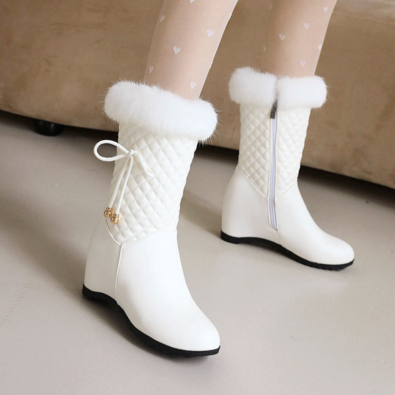 Women's white furry mid calf wedge heels snow boots