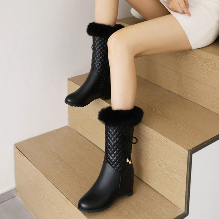 black Women's white furry mid calf wedge heels snow boots