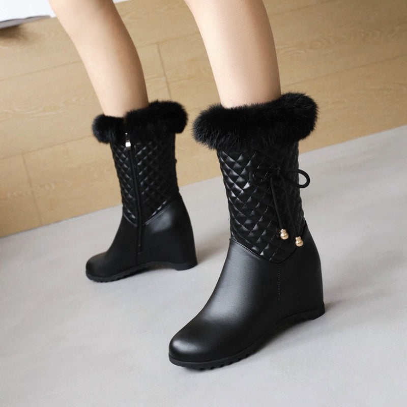 Women's white furry mid calf wedge heels snow boots