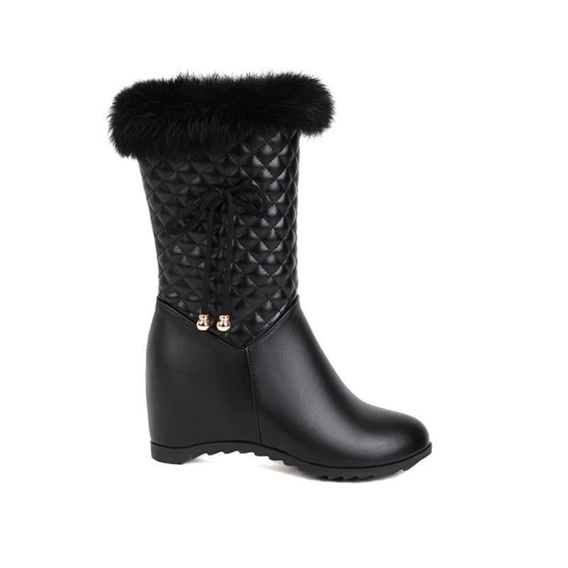 black Women's white furry mid calf wedge heels snow boots