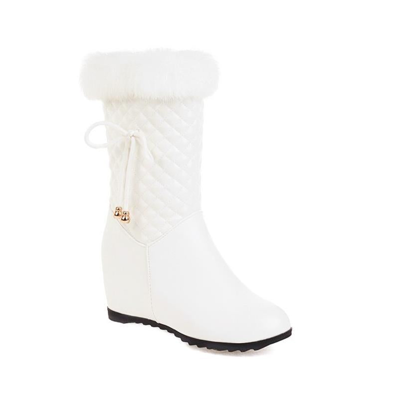 white Women's white furry mid calf wedge heels snow boots