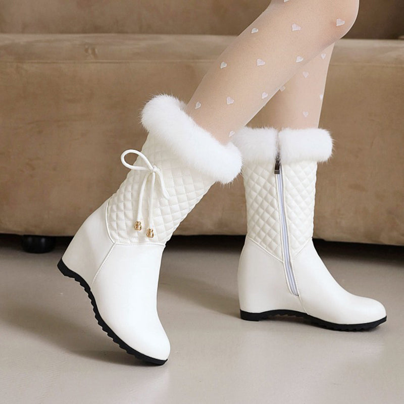 white Women's white furry mid calf wedge heels snow boots