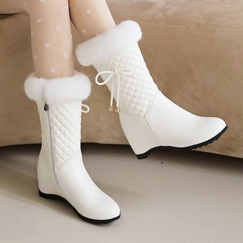 white Women's white furry mid calf wedge heels snow boots