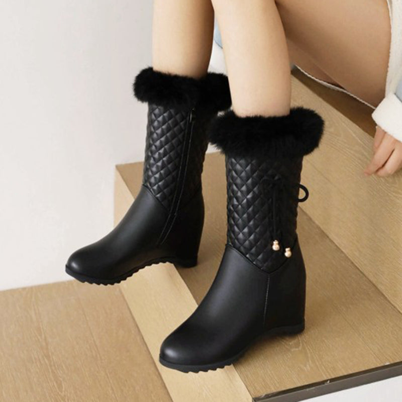 black Women's white furry mid calf wedge heels snow boots