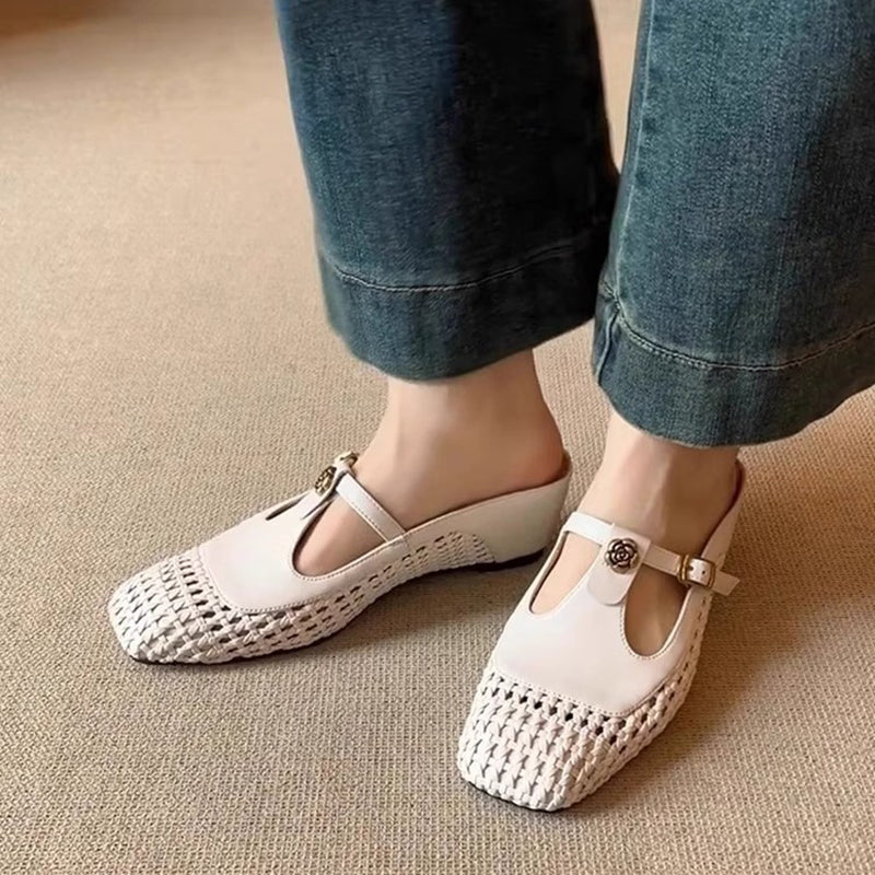 Women’s Woven Mary Jane Mules – Square Toe Wedge Slip-On Shoes