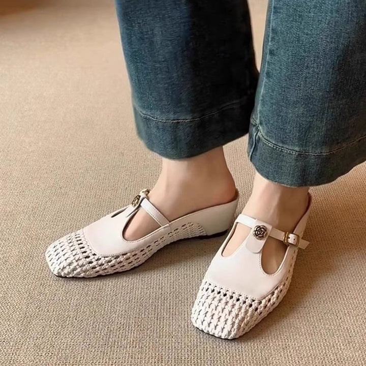 Women’s Woven Mary Jane Mules – Square Toe Wedge Slip-On Shoes