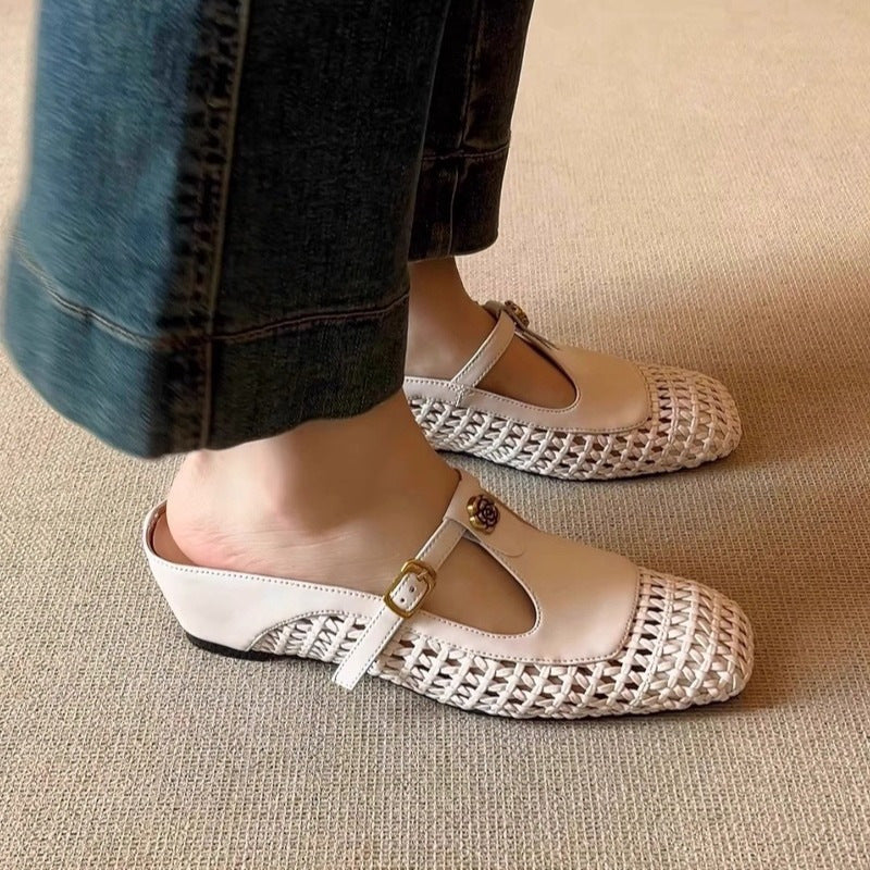 beige Women's woven T-strap mules