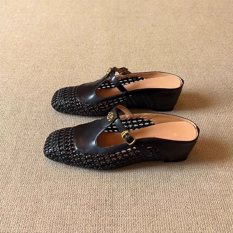 black Women's woven T-strap mules