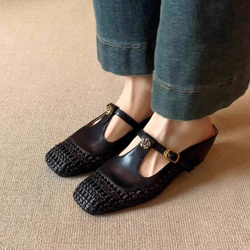 black Women's woven T-strap mules