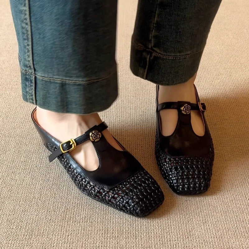 black Women's woven T-strap mules