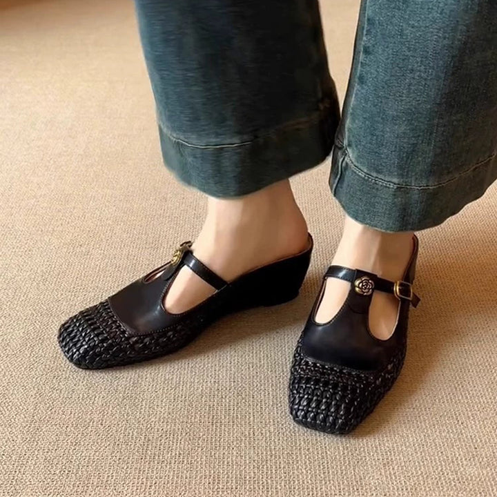 Women’s Woven Mary Jane Mules – Square Toe Wedge Slip-On Shoes