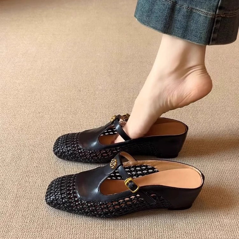 black Women's woven T-strap mules