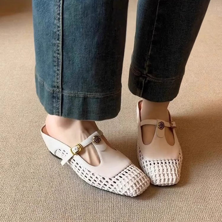 beige Women's woven T-strap mules