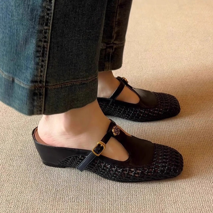 black Women's woven T-strap mules