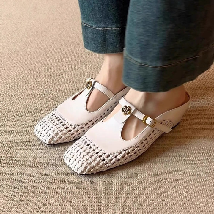beige Women's woven T-strap mules