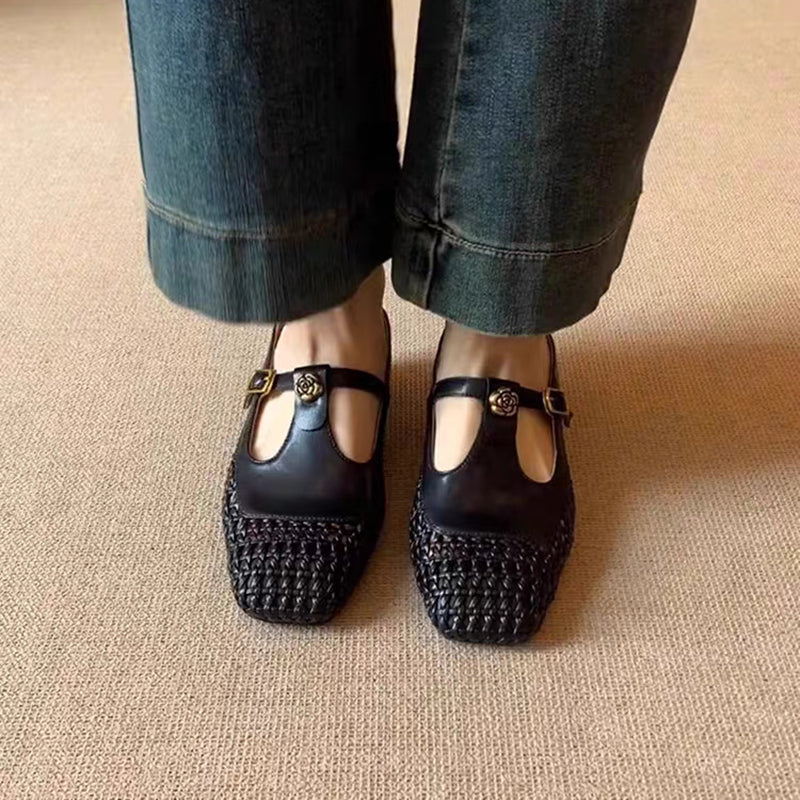black Women's woven T-strap mules