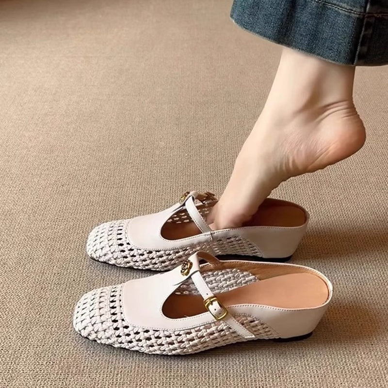 beige Women's woven T-strap mules