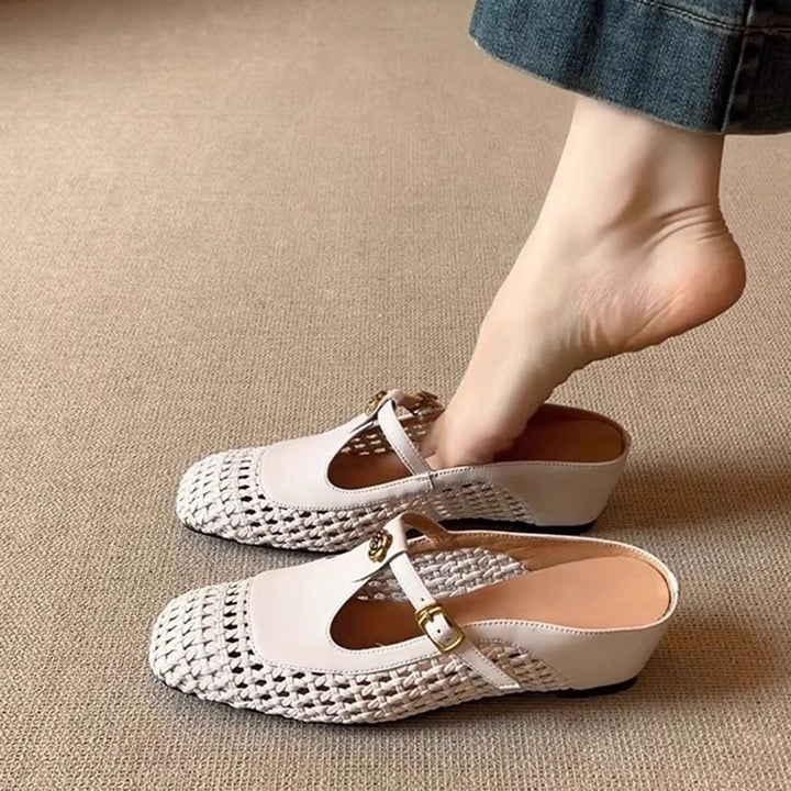 beige Women's woven T-strap mules