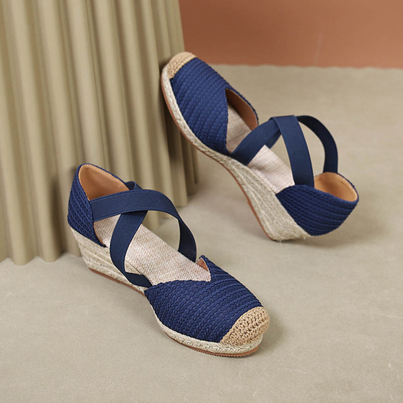 blue Trendy Woven Espadrille Wedges for Women – Braided Closed-Toe Comfort for Summer Outings
