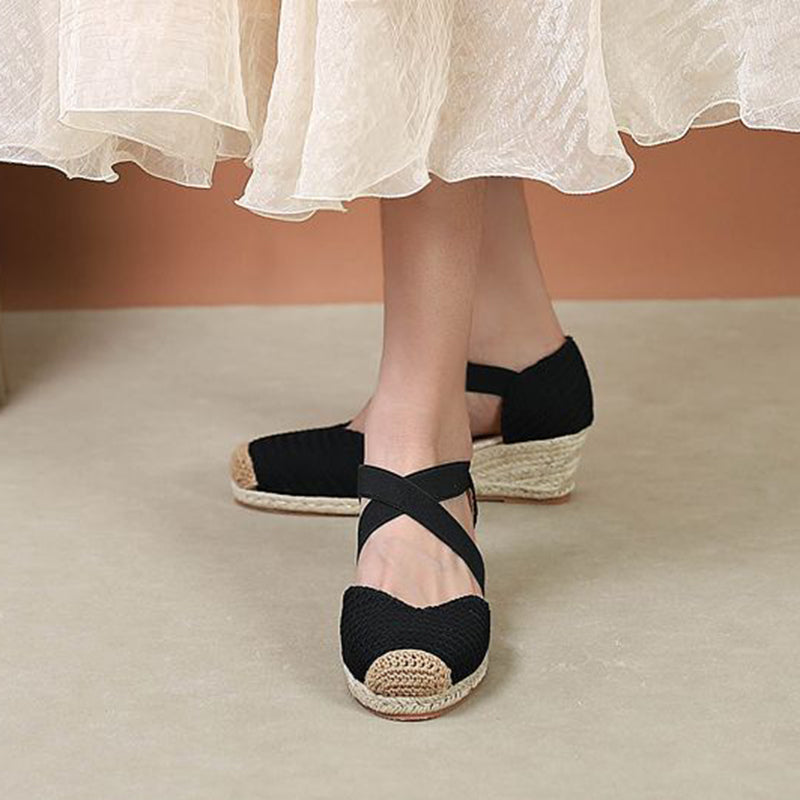 black Trendy Woven Espadrille Wedges for Women – Braided Closed-Toe Comfort for Summer Outings