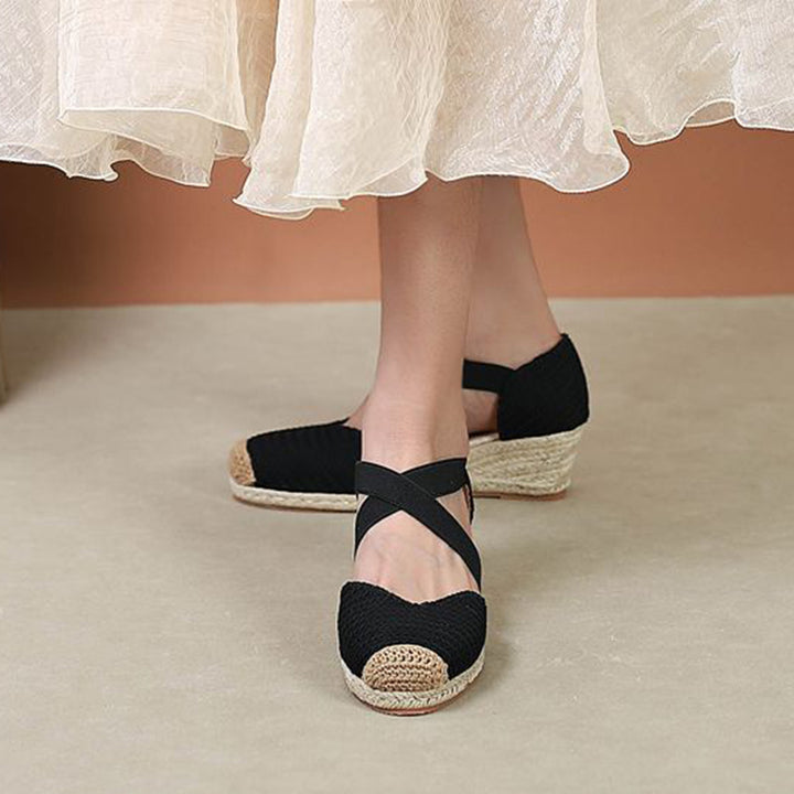 black Trendy Woven Espadrille Wedges for Women – Braided Closed-Toe Comfort for Summer Outings