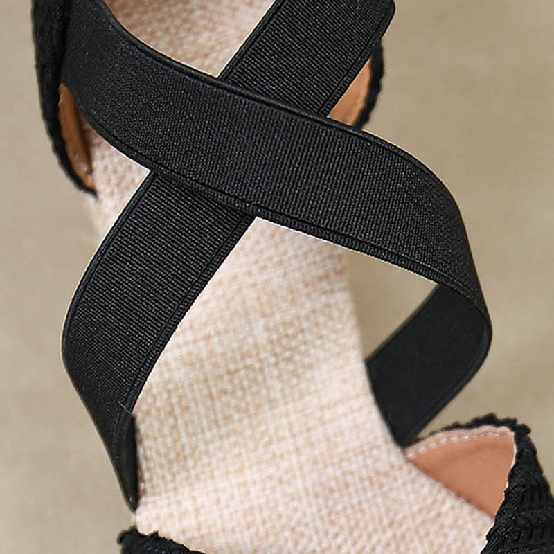 black Trendy Woven Espadrille Wedges for Women – Braided Closed-Toe Comfort for Summer Outings