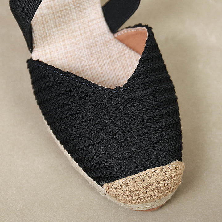 black Trendy Woven Espadrille Wedges for Women – Braided Closed-Toe Comfort for Summer Outings