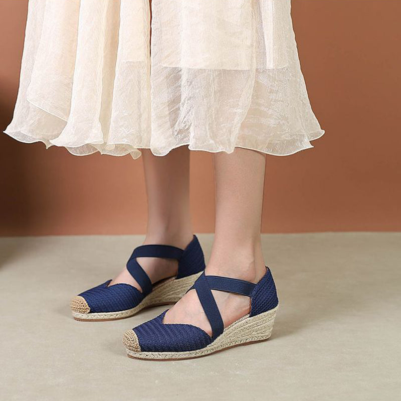 blue Trendy Woven Espadrille Wedges for Women – Braided Closed-Toe Comfort for Summer Outings