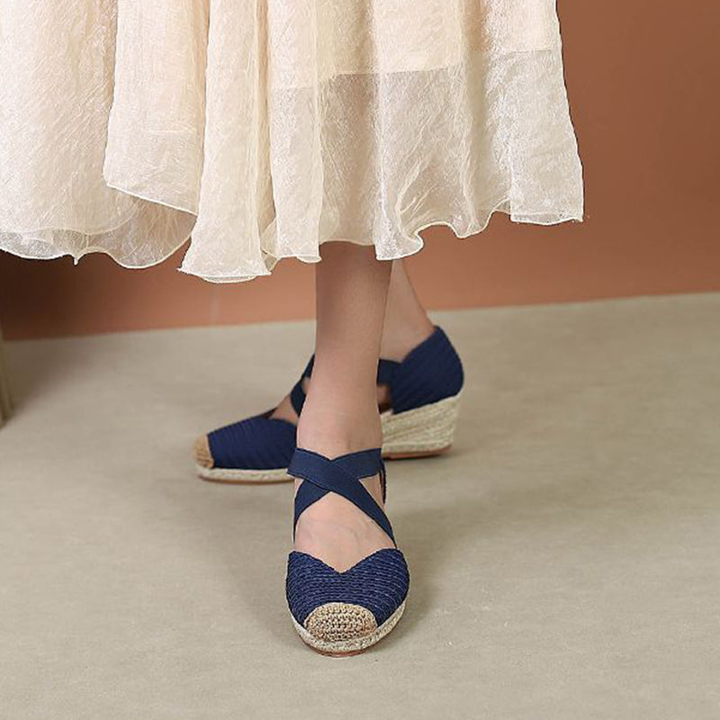 blue Trendy Woven Espadrille Wedges for Women – Braided Closed-Toe Comfort for Summer Outings