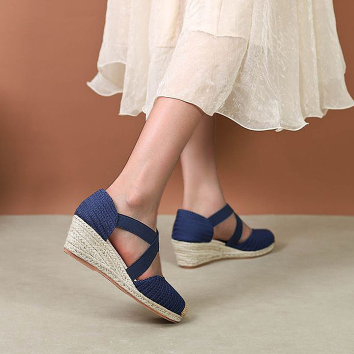 blue Trendy Woven Espadrille Wedges for Women – Braided Closed-Toe Comfort for Summer Outings