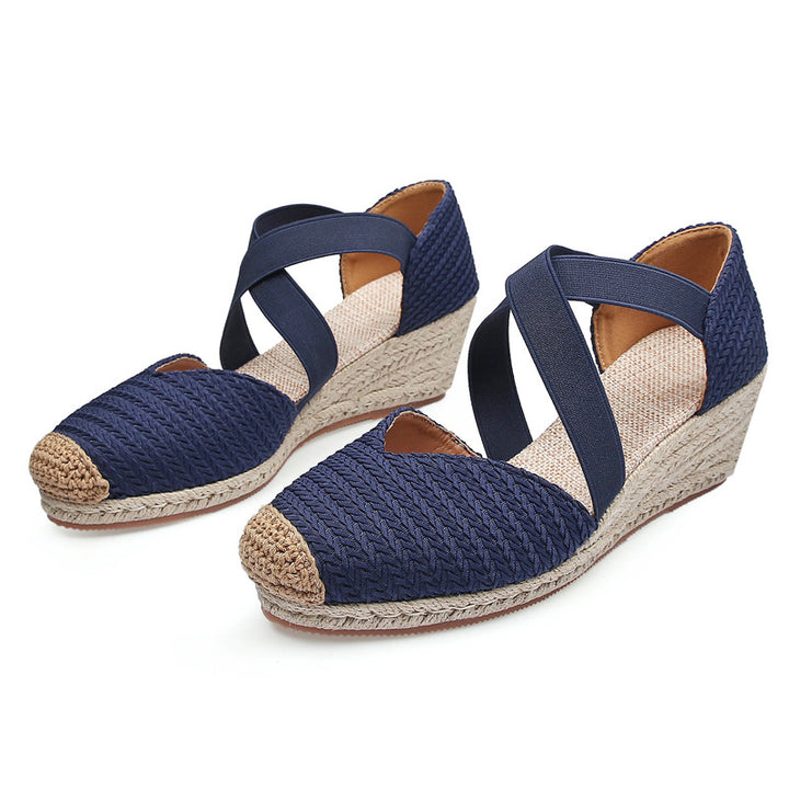 blue Trendy Woven Espadrille Wedges for Women – Braided Closed-Toe Comfort for Summer Outings