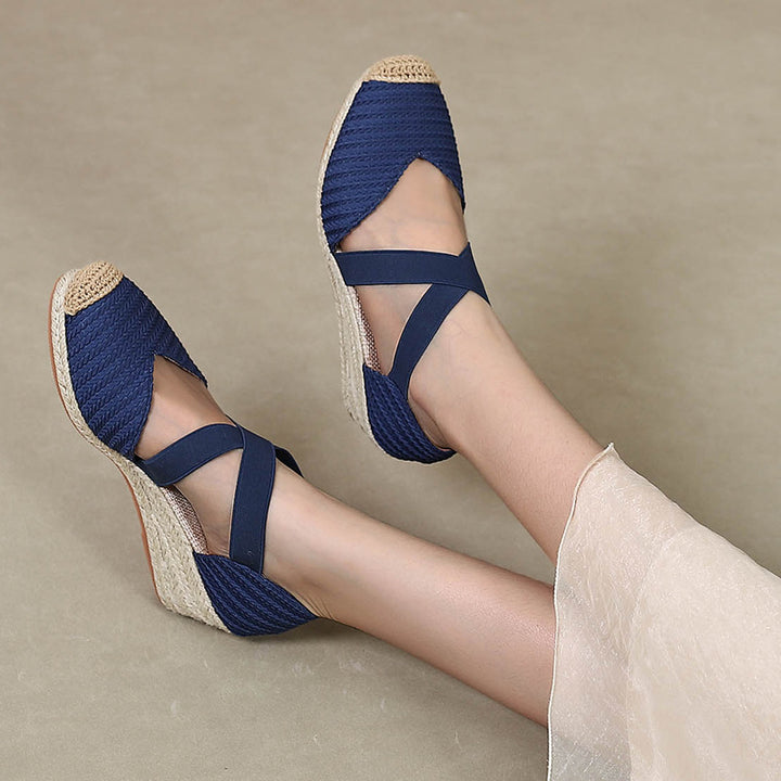blue Trendy Woven Espadrille Wedges for Women – Braided Closed-Toe Comfort for Summer Outings