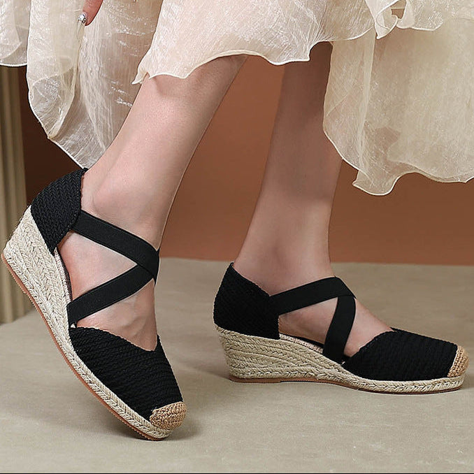 black Trendy Woven Espadrille Wedges for Women – Braided Closed-Toe Comfort for Summer Outings