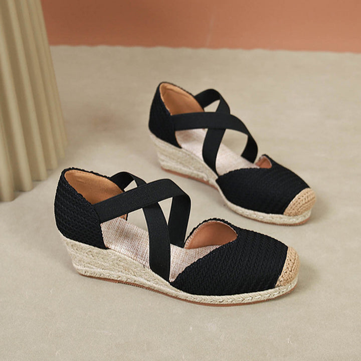 black Trendy Woven Espadrille Wedges for Women – Braided Closed-Toe Comfort for Summer Outings