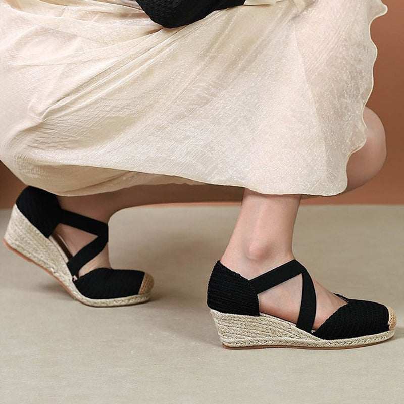 black Trendy Woven Espadrille Wedges for Women – Braided Closed-Toe Comfort for Summer Outings