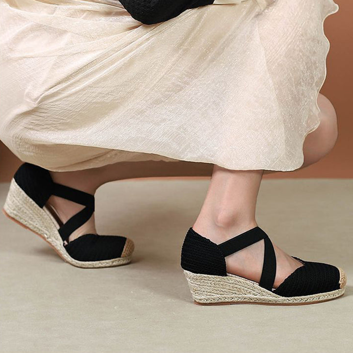 black Trendy Woven Espadrille Wedges for Women – Braided Closed-Toe Comfort for Summer Outings