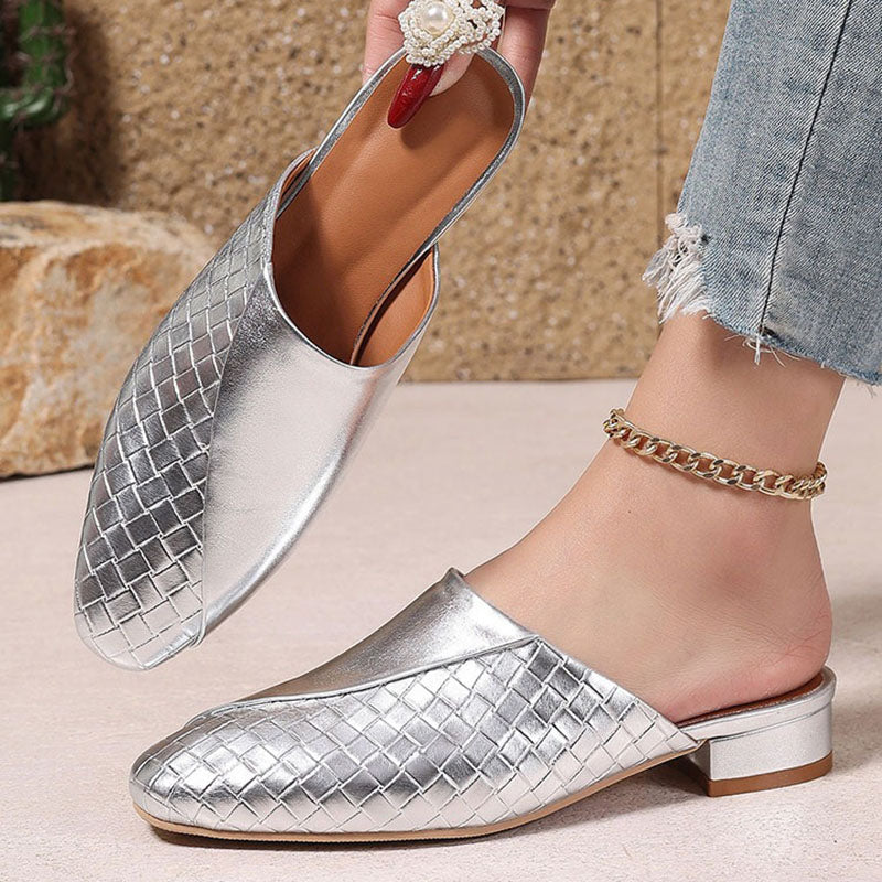 silver Elegant Woven Mule Sandals for Women - Chic Closed-Toe Slip-On Style for Summer Outings