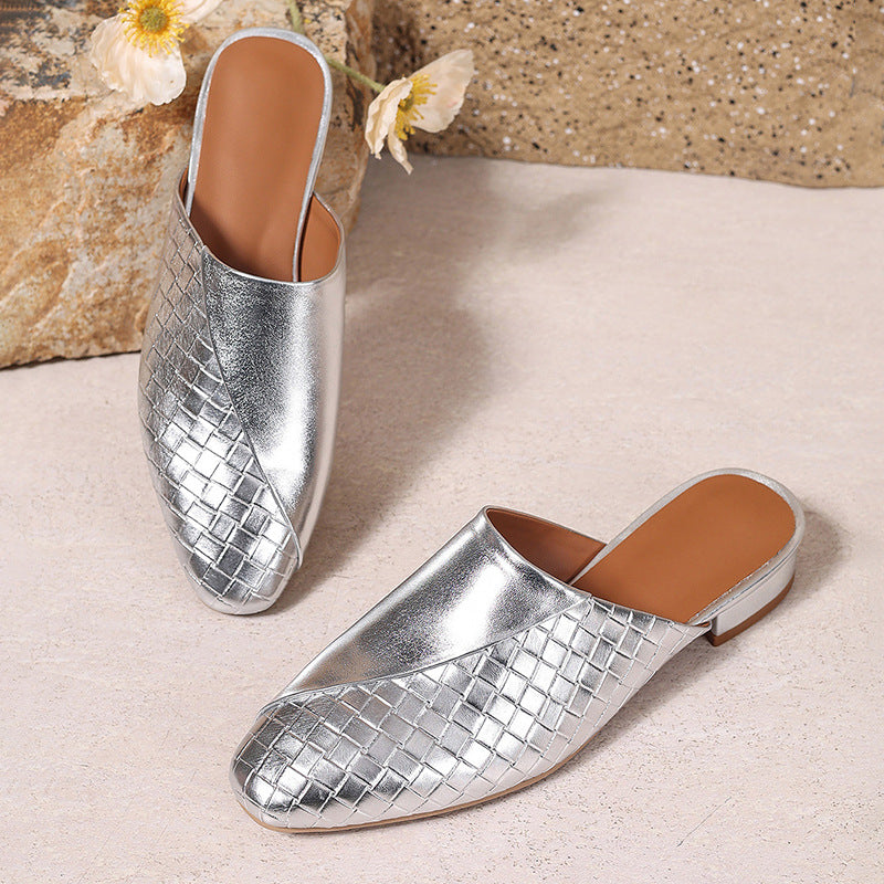 silver Elegant Woven Mule Sandals for Women - Chic Closed-Toe Slip-On Style for Summer Outings