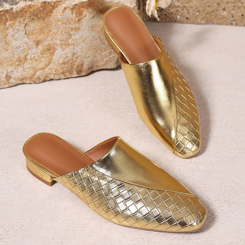 gold Elegant Woven Mule Sandals for Women - Chic Closed-Toe Slip-On Style for Summer Outings